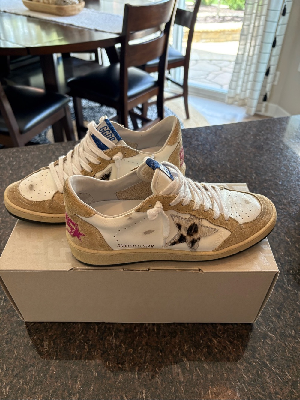 Golden Goose Ball Star Sneakers in White, Beige & Pink Accent